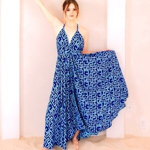 The Vacation Dress Boho Blue Geometric Print Sleeveless Party Maxi Dress Medium